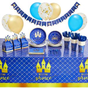 207 19-Piece Royal Prince Baby Shower Decorations for Boys, Blue Party Supplies Set with Balloons, Gift Boxes, Welcome Banner (Serves 24)