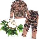 Kids Boys Halloween Long Sleeve T-Shirts Pants Cosplay Suits Christmas Costume With Leaf Skirts (130 (7-8 years), Brown)
