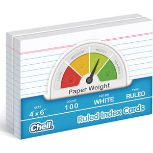 Chell Ruled Index Cards 4x6 Inch Heavyweight, 100 Count, Ruled Front and Blank Back, 65 lb. Cover Weight, White