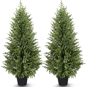 4ft 2Pack Artificial Cedar Topiary Trees 2 Pack,Real Touch Cedar Tree Faux Plants Potted UV Resistant Evergreen Tree for Outdoor Indoor Door Garden Farmhouse Home Decoration