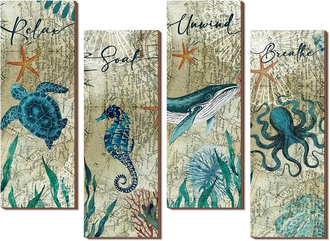 Qunclay 4 Pieces Beach Bathroom Decor Wall Sign Ocean Decor Sea Turtle Wall Art Nautical Bathroom Pictures Coastal Octopus Wood Sign Bedroom Art Teal Accessories Kitchen Home Decorations
