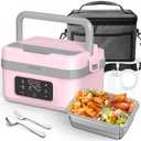 AERKINE Electric Lunch Box For Adults - Rechargeable 75W Self-Heating Food Warmer with 6.3 Cups(1.5L) Stainless Steel Container, Heated Lunch Box For Office, Picnic, Car & Outdoor Use(Pink)
