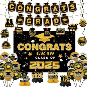 Black and Gold Graduation Decorations 2025 Set Include Class of 2025 Banner Backdrop, Balloons, Hanging Swirl 2025 Graduation Party Decorations for High School College Celebrations