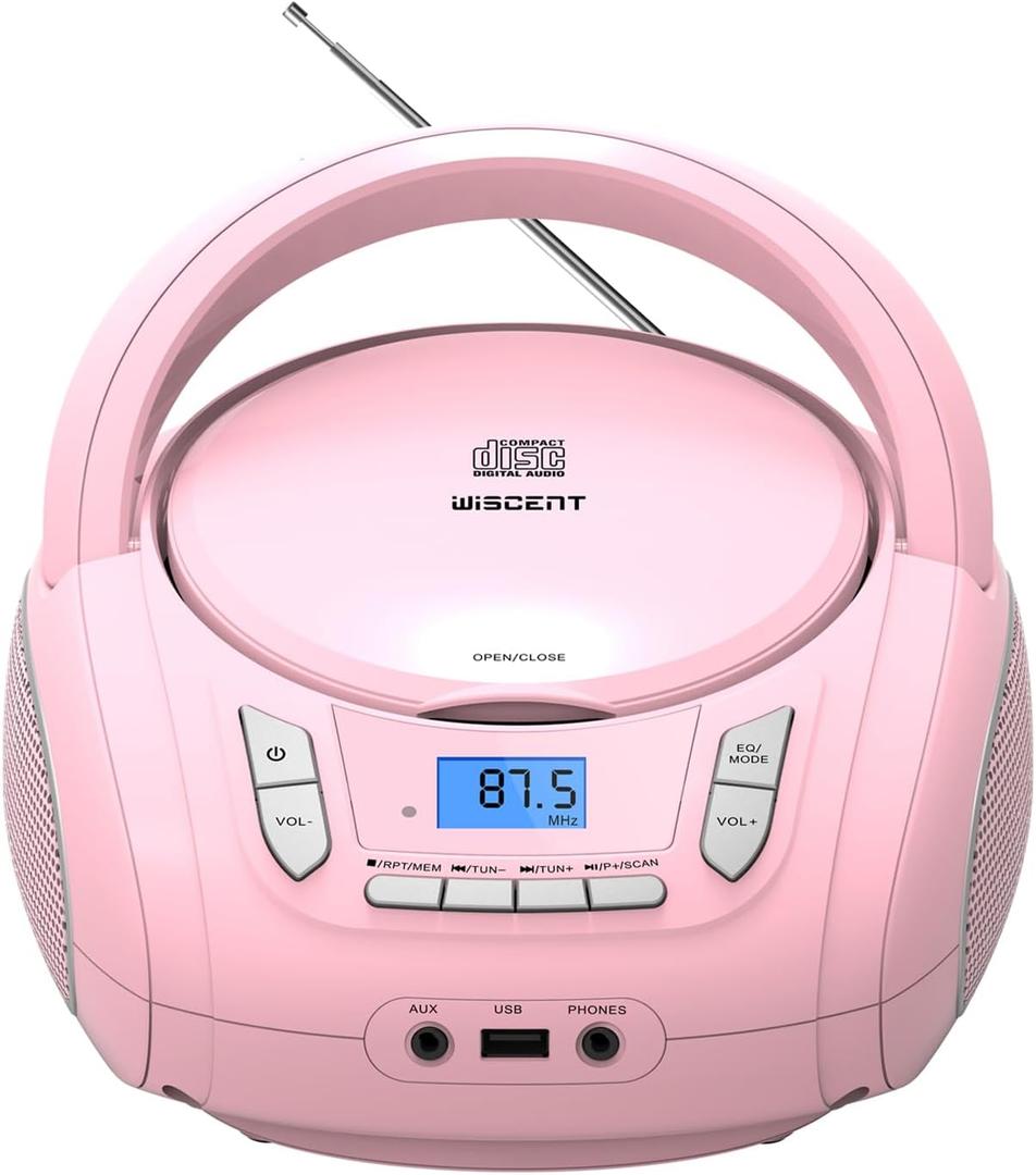 Portable CD Player Boombox with Bluetooth,FM Radio,USB MP3 Playback,AUX-in,Headphone Jack,CD-R/RW and MP3 CDs Compatible,Small CD Player for Home or Outdoor (Pink)