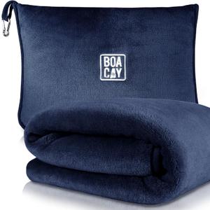 BOACAY Soft & Warm Travel Blanket for Airplane & Car - Long Flight Essential for Women, Men, Kids - Compact Pillow with Luggage Sleeve & Backpack Clip (Single, Navy Blue)