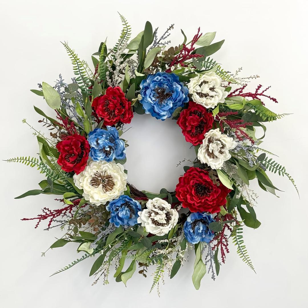 24 Inch Patriotic Wreaths for Front Door, 4th of July Wreaths for Front Door, Peony Eucalyptus Patriotic Summer Flag Wreath Handcrafted Memorial Day Artificial Flowers Wreath for Indoor and Outdoor (Red, White, Blue)