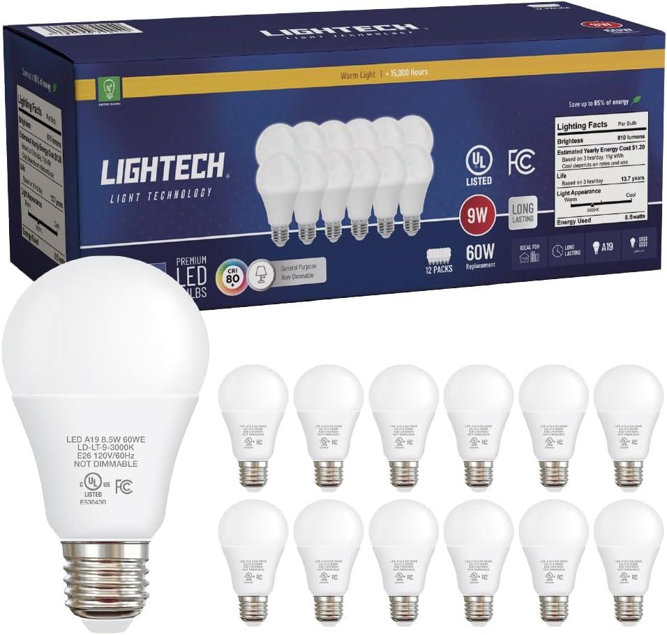 A19 LED Light Bulbs, 12 Pack, 60 Watt Equivalent, 9W Soft White Warm White 3000K LED Light Bulb, 810 LM, Bedroom, Living Room, Kitchen, Garage, Soft White LED Light Bulbs, Non-Dimmable, E26, UL Listed