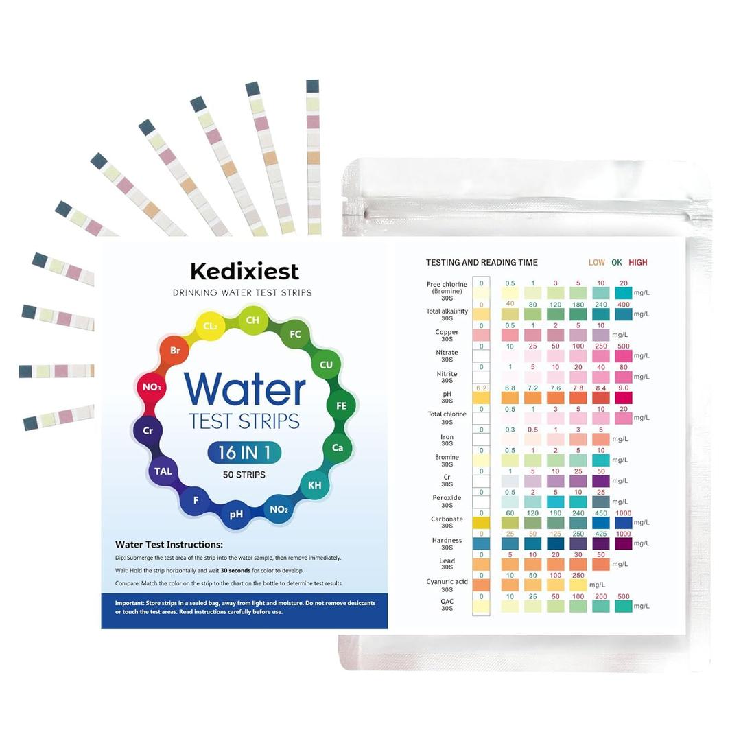 50 PCS 16-in-1 Drinking Water Test Strips  Home Water Testing Kit for Lead, Hardness, pH, Manganese, Nitrate, Nitrite, Iron, Copper, Chlorine, Mercury & More