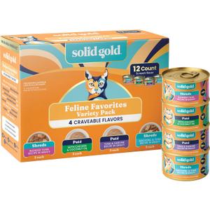 Solid Gold Wet Cat Food Variety Pack - Pate & Shreds in Gravy - Healthy Canned Cat Food Pate w/Real Chicken, Tuna, Mackerel & Sardine - Grain Free & Gluten Free Can Meals for Cats & Kittens - 12ct/3oz (EXP 11/27/28)