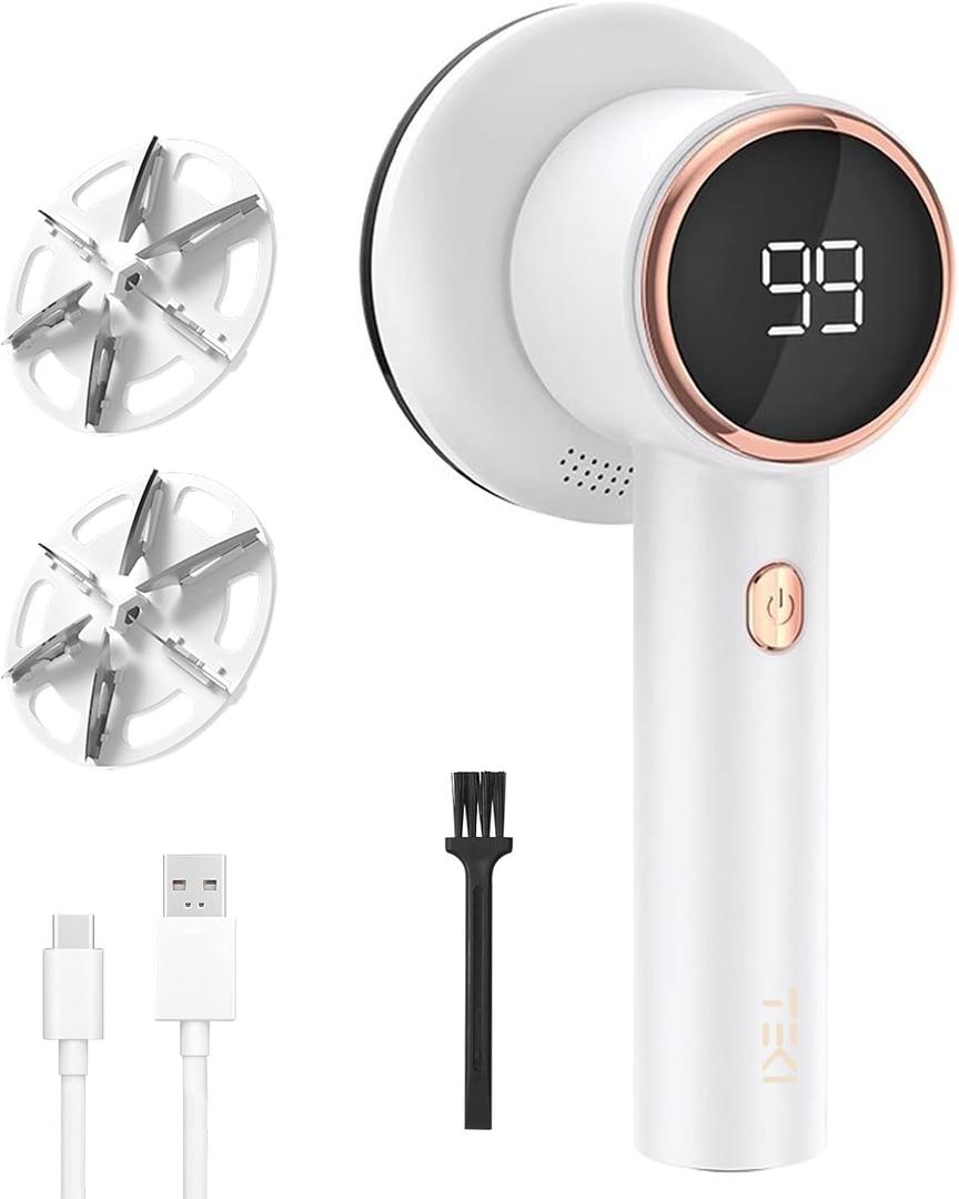 Fabric Shaver Lint Remover for Clothes with 2 Speeds, Digital Display, 6 Leaf Blades, USB Rechargeable Sweater Defuzzer to Remove Pilling Fuzz Ball for Furniture, Couch, Coat. (White)