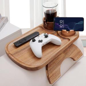 Acacia Wood Couch Arm Tray,3 in 1 Large Clip on Couch Arm Table with 360 Rotated Phone Holder and Cup Holder, 15.35"x9.85"
