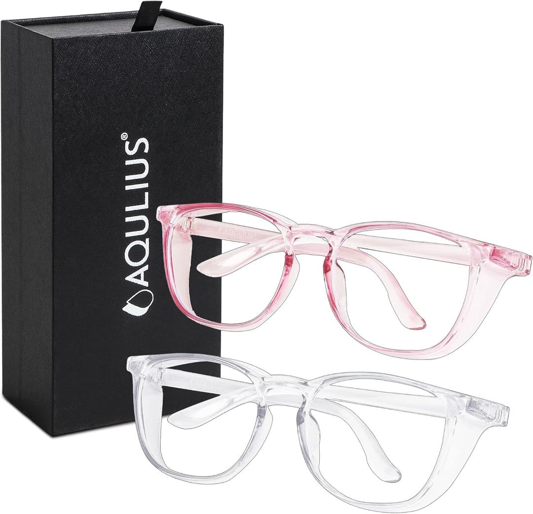 Aqulius 2 Pack Stylish Safety Glasses Goggles, Scratch Resistant, Safety Glasses for Women, Blue Light, Glasses for Nurses (Pink/Clear)