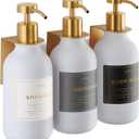 Shower Shampoo Dispenser Wall Mounted 3 Refillable 16.9 oz White Bottles with Stainless Steel Pumps & No-Drill Adhesive Holders Soap Dispenser Set for Bathroom (3 X White/Gold)