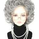 Old Lady Wig Costume Set for Women Short Curly Silver Grey Granny Wigs for Cosplay Old Woman Wig Halloween Party Wigs