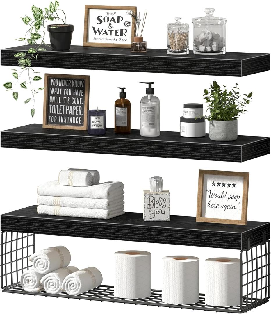 QEEIG Bathroom Shelves 24 inches Long - Floating Shelf for Wall Over Toilet Paper Storage Basket Farmhouse Set of 3, Black (019-60B3), 23.6"