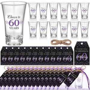 Pickmesh 50 Sets Black Purple Birthday Party Favors for Guests Souvenir Multicolor 60 Years Old Gift Bulk Acrylic Clear 1.2oz Shot Glasses with Thank You Cards and Gift Bags, 40/50/60/70th Birthday