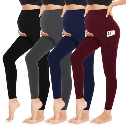 4 Pack Women’s Maternity Leggings with Pockets Over The Belly Butt Lift - Soft Workout Pregnancy Yoga Pants L
