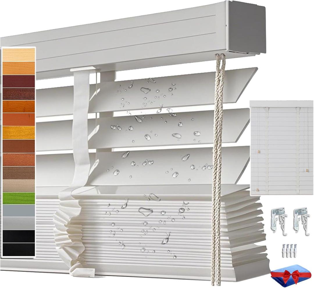 Solid Wood Blinds for Indoor Windows 2" Slats Horizontal Faux Wooden Blinds , Blackout Privacy Venetian Blind Shades Cordless (White), Customizable range 15-75 inches wide, 25-100 inches high