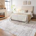 QOTIB 8x10 Washable Area Rug Vintage Distressed, Low Pile Large Rug with Non Slip Backing & Reinforced Edges, Ultra Soft Foldable Indoor Carpet for Living Room, Bedroom, Dining Room, Office, Gray