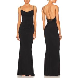 Capuffy Women Drape Neck Formal Maxi Dresses Lace Backless Cocktail Party Dress Spaghetti Straps Mermaid Evening Gown 221 (Small, Black)