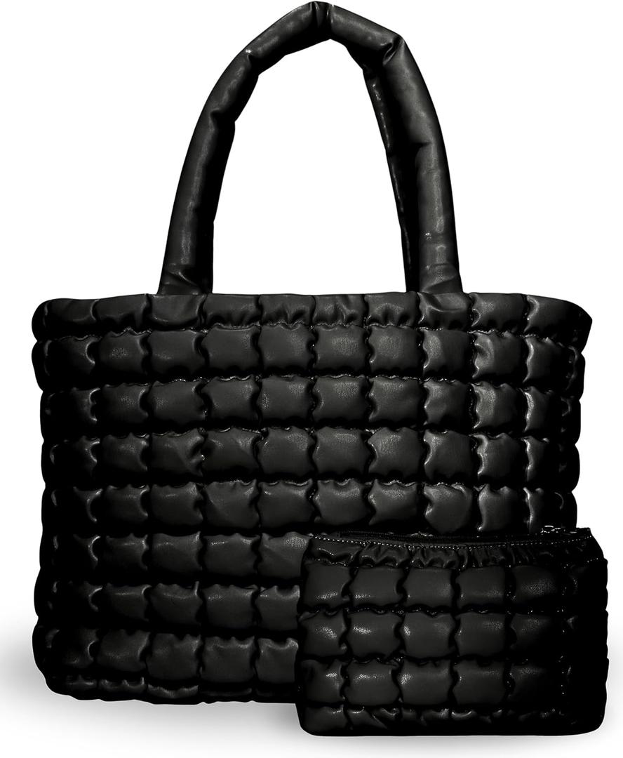 Citrusy Boutique The Cloud Tote Bag Set | Puffer Tote Bag with Insert Pouch | Quilted Tote Bag for Women | Shoulder Puffy Bag (Black),