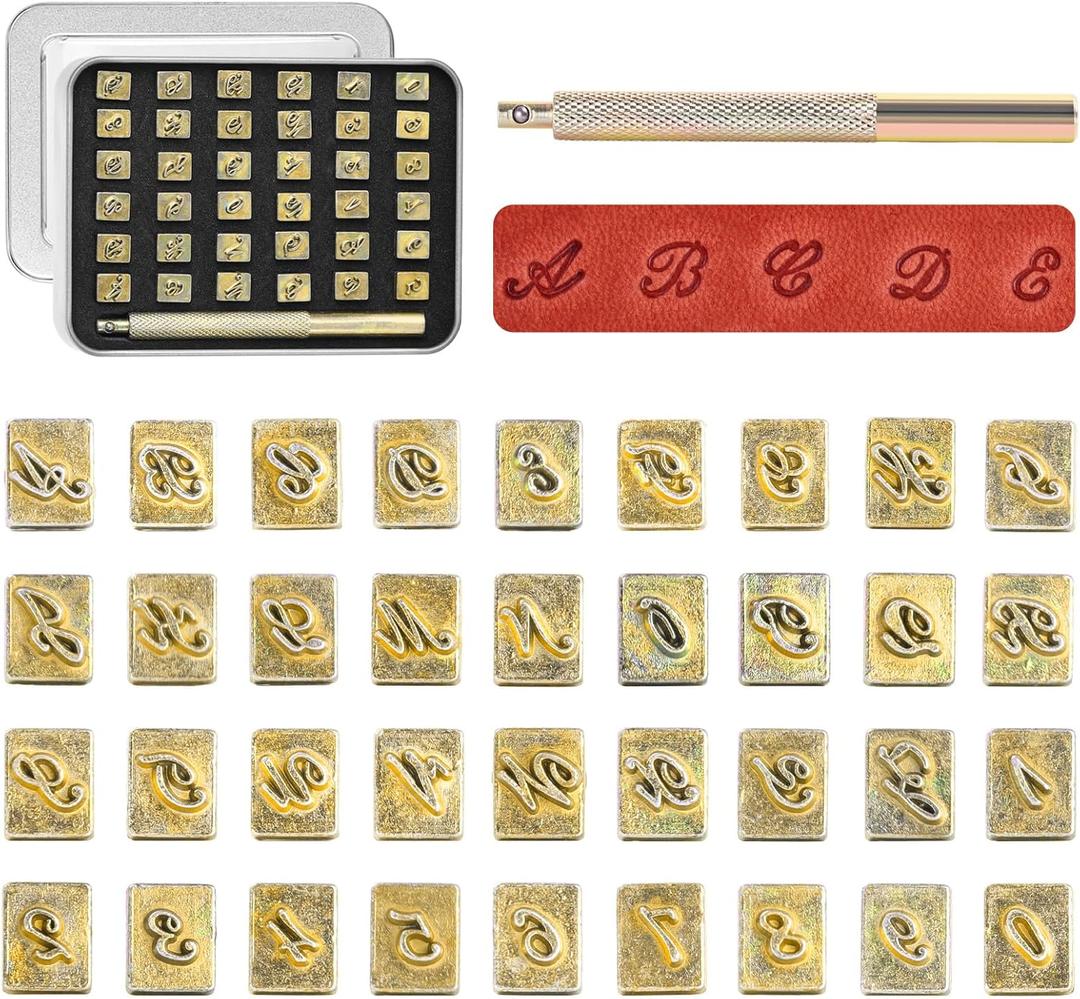 BESTNULE Leather Stamping Kit - 37pcs Set with 26 Capital Letters (5.5mm), 10 Numbers (6mm), and Stamping Handle for Leathercraft
