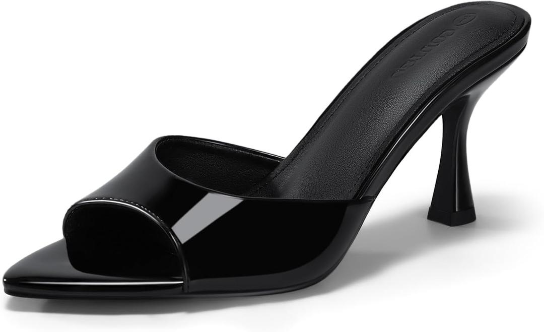Coutgo Womens Heeled Mules Pointed Peep Toe High Heels Slip On Backless Mule Sandals Dress Shoes, Black, Size 6