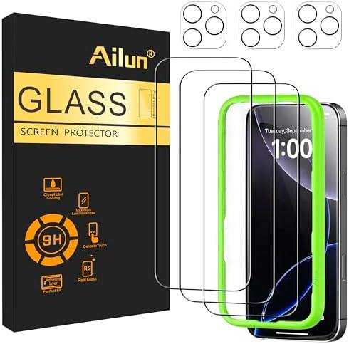 Ailun 3 Pack Screen Protector for iPhone 16 Pro [6.3 inch] + 3 Pack Camera Lens Protector with Installation Frame,Case Friendly Tempered Glass Film,[9H Hardness][Not for iPhone 16e/16/16 Plus/Pro Max]