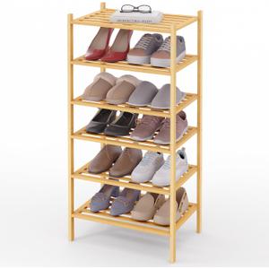 Smiry Small Bamboo Shoe Rack 6-Tier, Stackable Wooden Shoe Organizer for Entryway & Closet, Free Standing Wood Shoe Storage Shelf for Front Door & Small Spaces, Natural