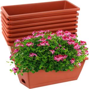 8pcs Window Box Planter,17 Inches Flower Window Boxes, Rectangle Planters Box with Drainage Holes and Trays, Plastic Vegetable Planters for Windowsill Patio Garden Home Decor Porch Yard (Red)