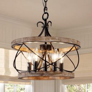 20" Farmhouse Chandelier, 5-Light French Country Drum Chandelier Over Table, Wood Chandelier for Kitchen Island Dining Room Entryway