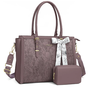 MOSISO Laptop Bag for Women, 17-17.3 inch PU Leather Tote Bag Compatible with MacBook, HP, Dell, Asus Notebook, Front Embossed Retro Hibiscus Computer Bag with Silk Scarf&Clutch Purse, Slate Purple