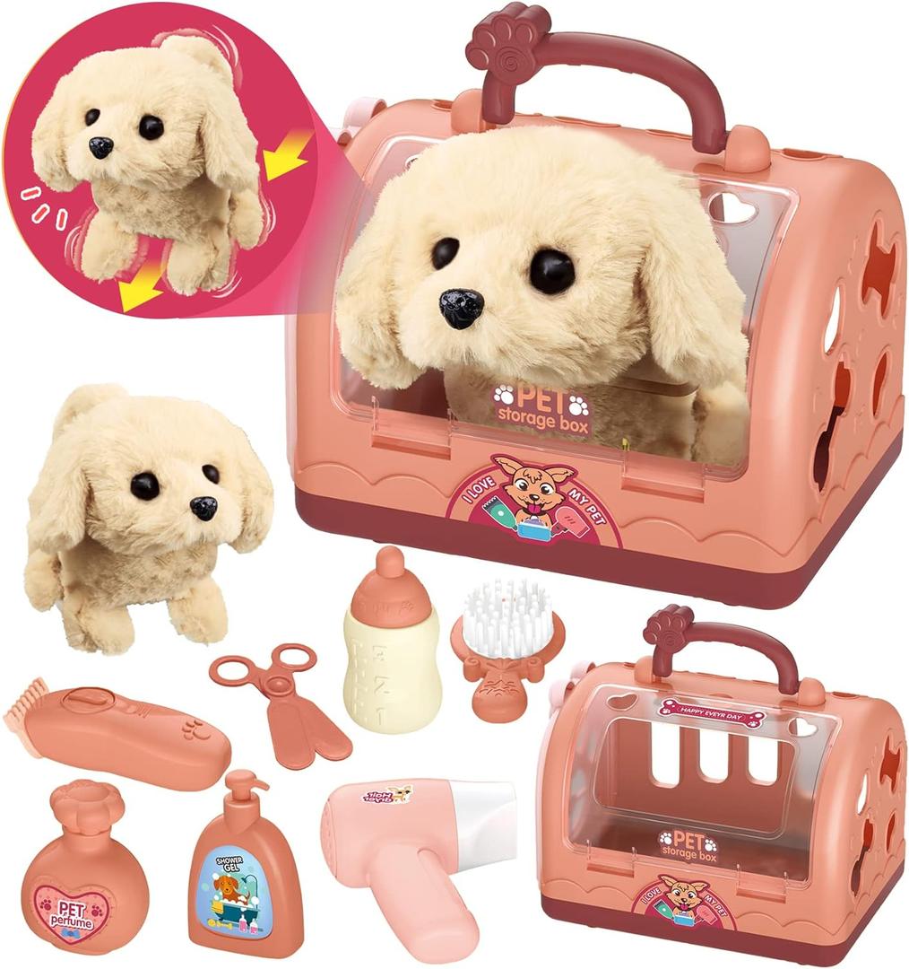 TEUVO Pet Care Play Set Robot Dog Toys for Kids 12Pcs Puppy Dog Toy Pet Walk Grooming Vet Toys Set with Interactive Electric Dog Plush & Cage Pretend Play Gifts for Girls Toddlers 3 4 5 6 7 8 Year Old