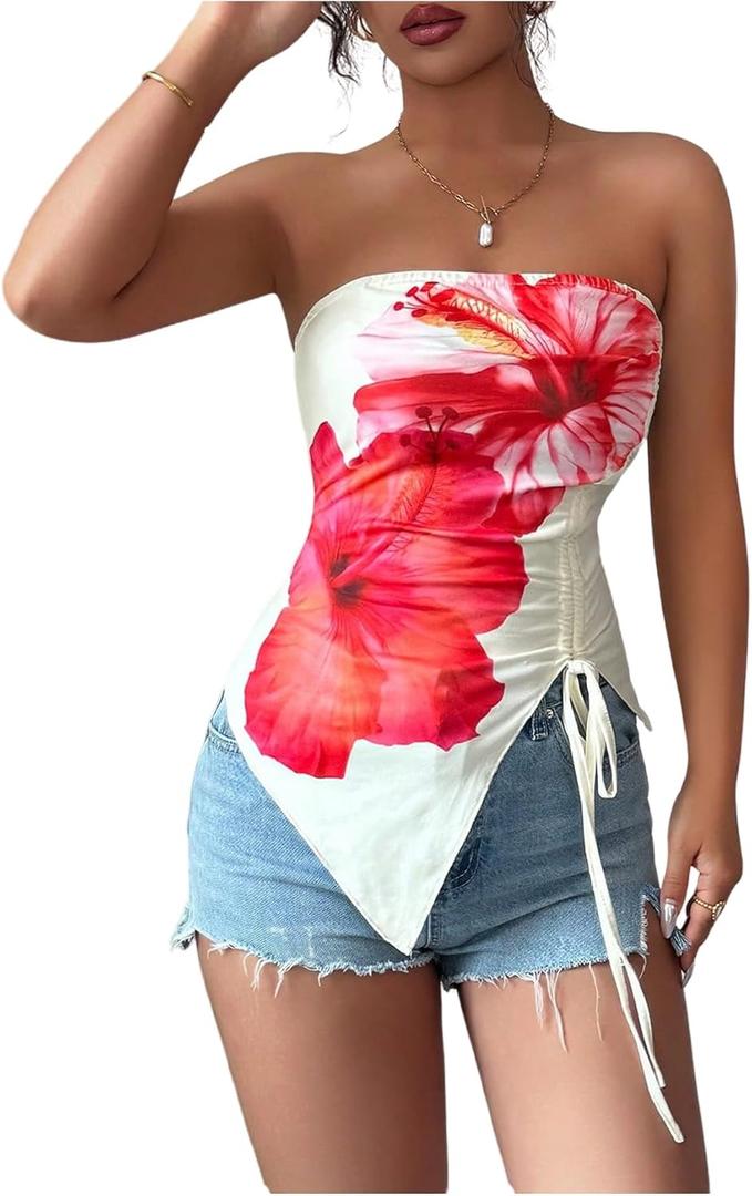 Women's Floral Strapless Tube Top Drawstring Ruched Asymmetrical Bandeau Tops Festival Rave Outfits (L)