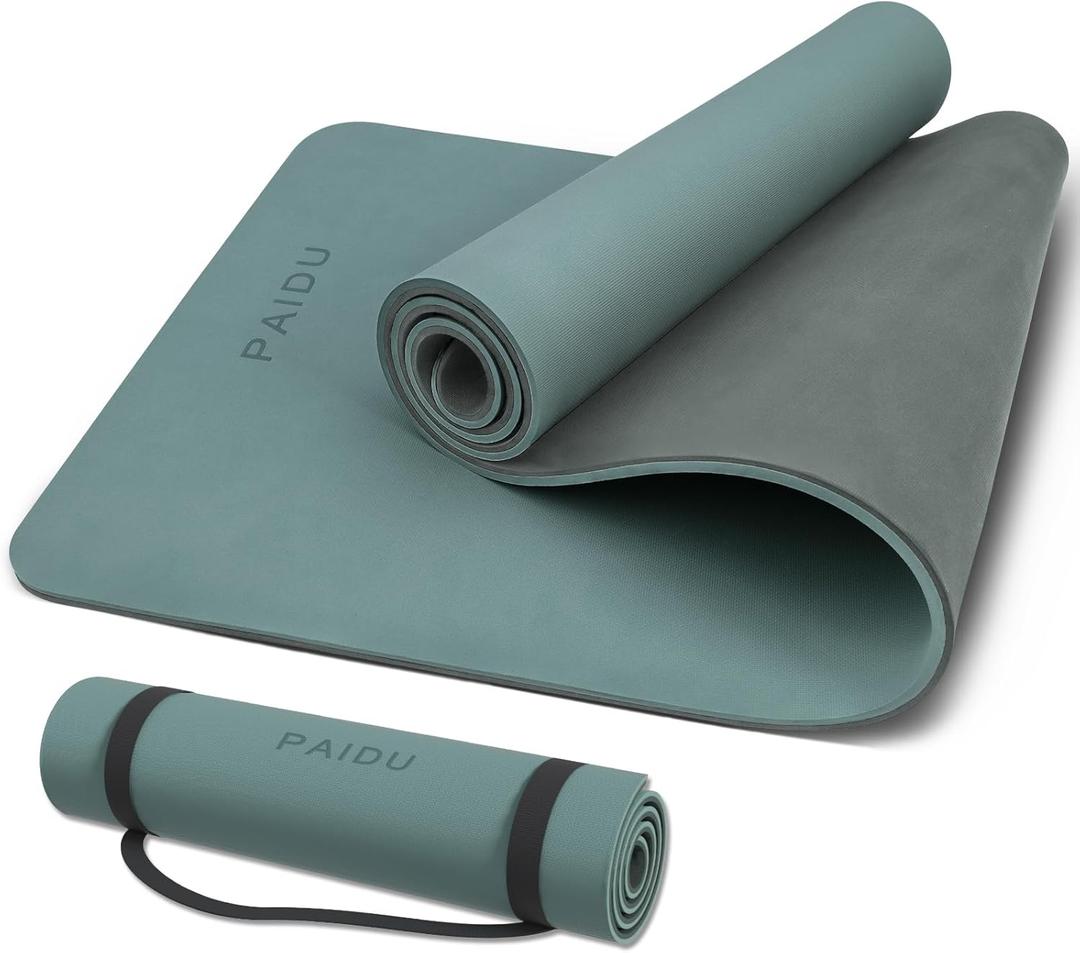 PAIDU Yoga Mat Non Slip Anti-tear,extra thick-2/5 inch10MMHigh Resiliency Professional POE Yoga Mats for Women Men Kids,72"x24"inch,Workout, Yoga, Pilates and Floor Exercise, with Carrier Strap (Deep green+Gray.)
