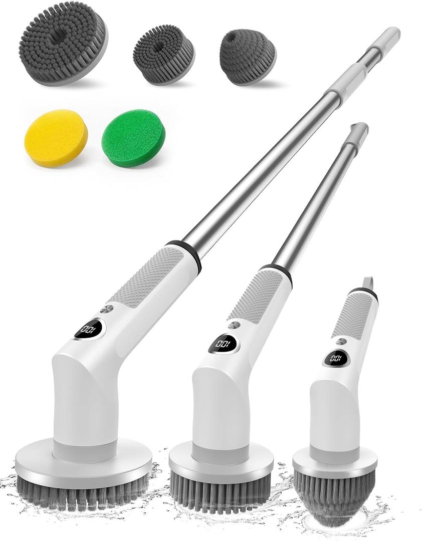 Electric Spin Scrubber, 2026 Electric Scrubber for Cleaning 4000mAh 2 Speed Shower Scrubber with Adjustable Handle IPX7 Waterproof Long Runtime Scrub Brush with 5 Heads for Bathroom Kitchen Tub (Cream)