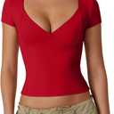QINSEN Women's V Neck Short Sleeve T Shirts Double Lined Tee Seamed Cup Going Out Tops (X-Large, Red)