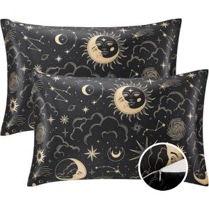 EXQ Home Silky Zippered Pillowcase 2 Pack Queen Size- Black Printed Satin Pillowcase 20x30 inches - Satin Pillow Cases for Hair and Skin, Valentines Day Gifts for Women