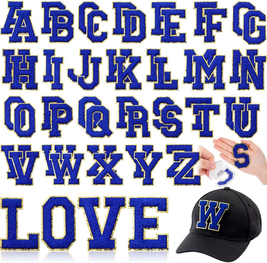 WILLBOND 52 Pcs Chenille Letter Patches A-Z, Self Adhesive Alphabet Patches for Clothes, Bags, Hats DIY, Name Craft & Personalized Best Mom Groovy Wedding Gifts(Dark Blue,2.8 Inch)