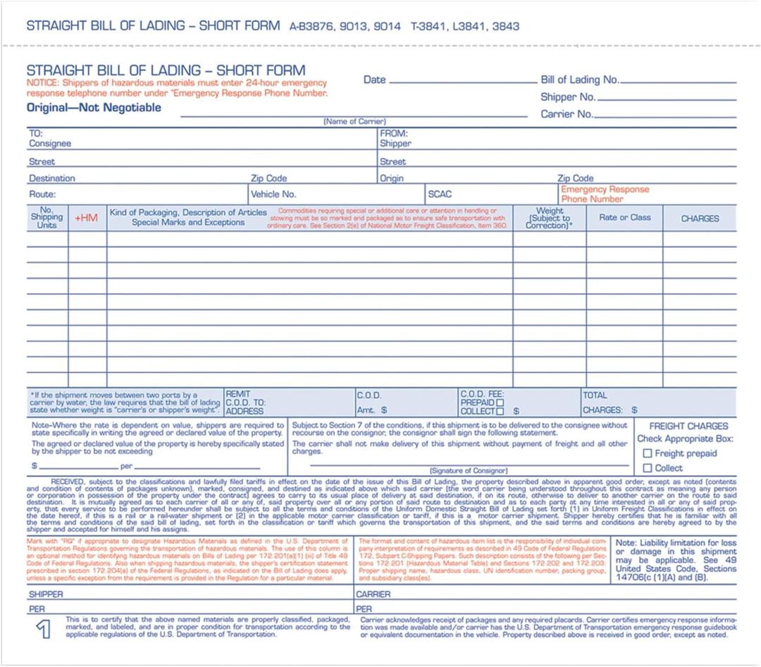 Adams Bill of Lading Short Form, 8-1/2 x 7-7/16 Inches, White, 3-Part, 250-Count (B3876)