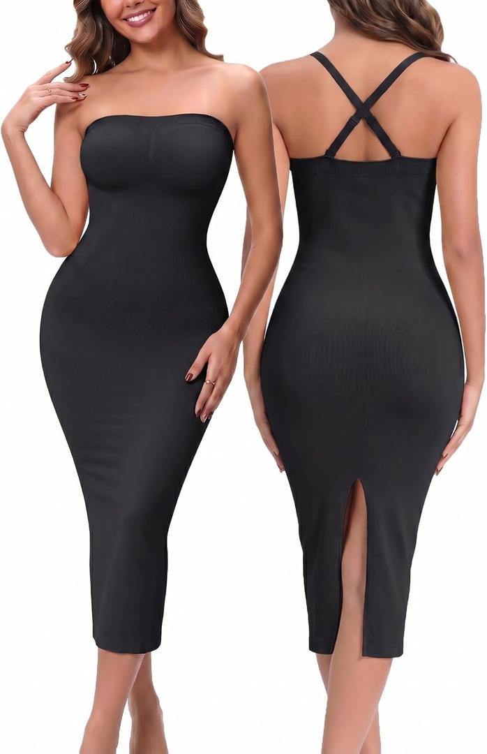 Strapless Shapewear Slip for Women Under Dress Full Slip Skirt (Black, L)