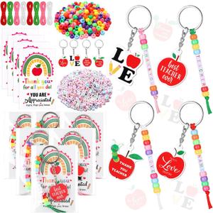 Suncalla 984 Pcs 24 Set Teacher Keychain Making Kit Teacher Charm Gifts Crafts DIY Cute Apple Beads Key Chain Thank You for All You Do Cards Strings Kit Back to School Gift First Day of Party Favors