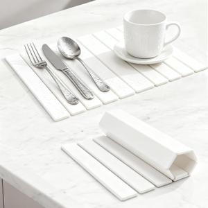 Stone Drying Mat for Kitchen Counter, 22.8"15.3" Large Stone Dish Drying Mat, Collapsible Diatomaceous Earth Water Absorbing Mat with Brush Sanding Tool Drying Mats for Dishes Bottles Cups, White