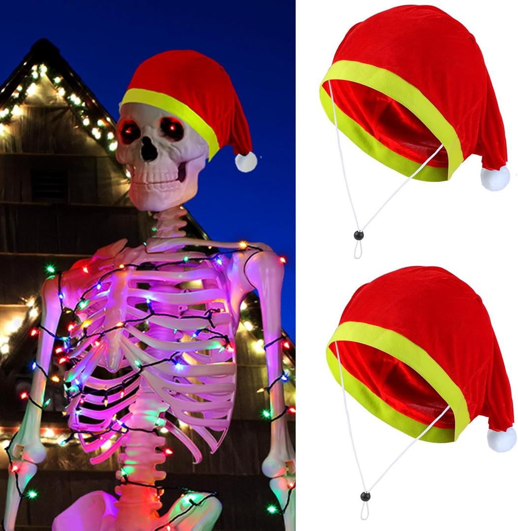 2 Pcs Giant 12 ft Skeleton Santa Hat 44 Inches Extra Large Adjustable Christmas Velvet Skeleton Costume Accessories (Red and Green)