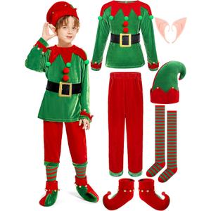 SOMSOC 7 Pack Kids Christmas Elf Costume Set Boys Velvet Elf Dress Up Santa's Helper Costume Xmas Festive Outfit (11-12 Years)