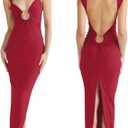 Women's Sexy Sleeveless Backless Maxi Dress Elegant Ruched O Ring Back Slit Bodycon Long Dress Beach Party Dress Red, Small 