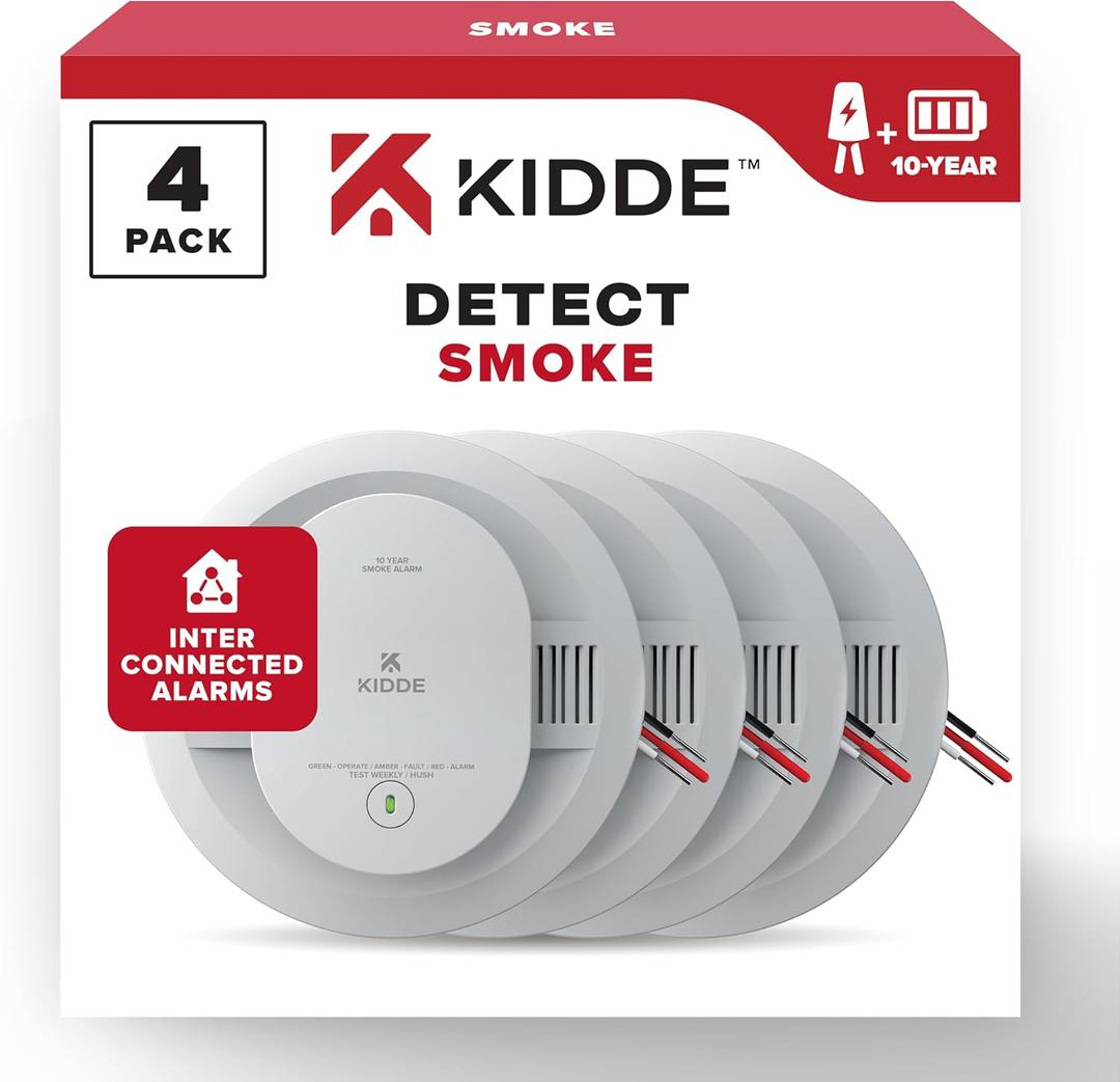Kidde Hardwired Smoke Detector, 10-Year Battery Backup, Interconnectable, LED Warning Light Indicators, 4 Pack (White)