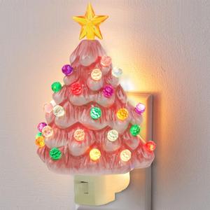 Hausse Pink Christmas Tree Night Light, Decorative Ceramic Xmas Tree Nightlight with Lamp for Kids, Multicolor Bulbs & 360 Degree Swivel Plug with On/Off Switch for Kitchen Bathroom Bedroom Decor