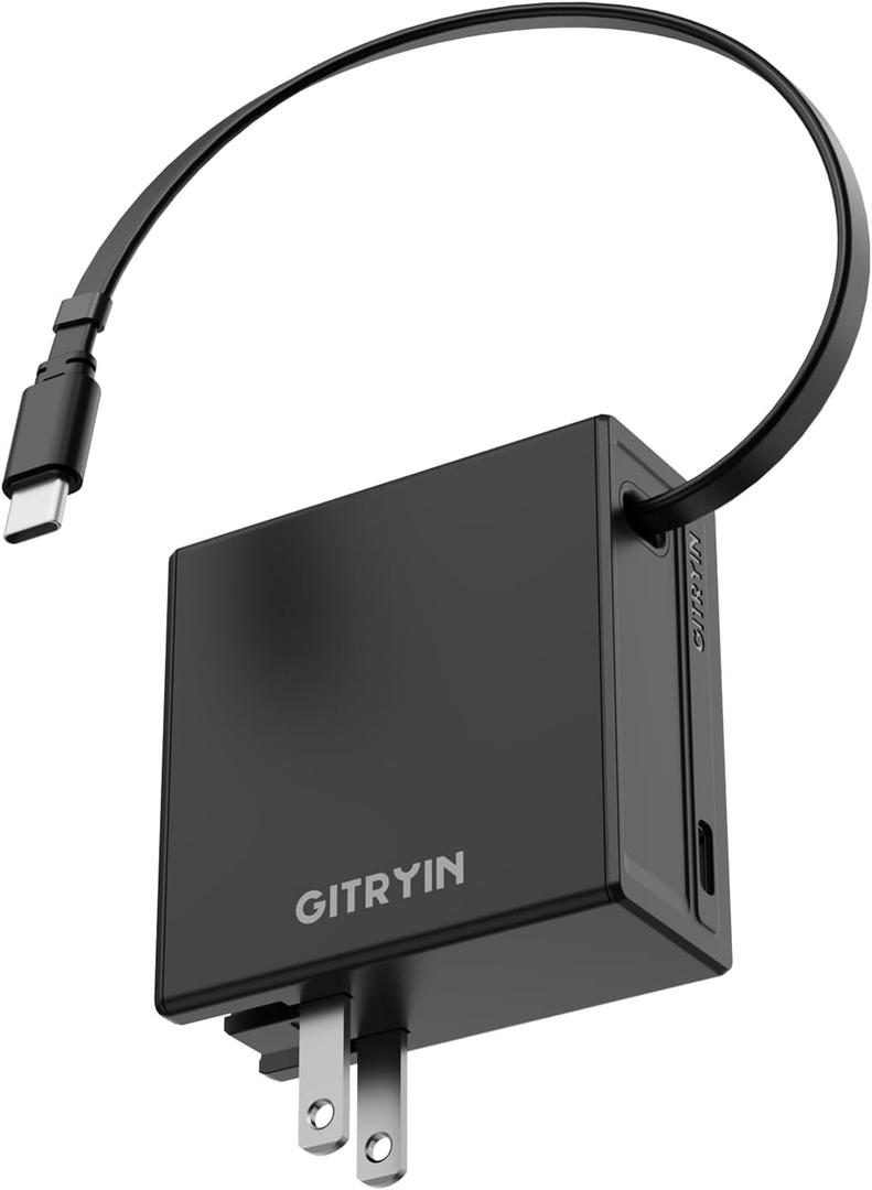 Gitryin 65W USB C Wall Charger with Built-in Retractable Cable, 2-in-1 Foldable Fast Charger Block, Travel Essentials Compatible for Laptop, MacBook Pro/Air, iPhone 16/15, iPad, Galaxy, Pixel, Black