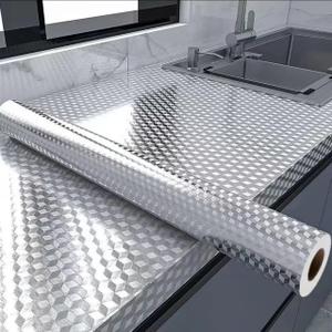 Peel and Stick Wallpaper, Waterproof Contact Paper for Kitchen Countertops Cabinets, Self-Adhesive Removable Aluminum Foil Sticker, Oil Proof Heat Resistant, Easy Clean (24"x197", Silver Chequer)